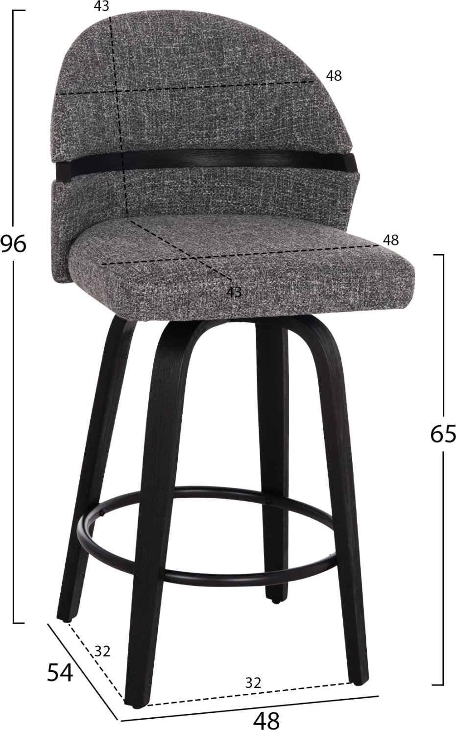 Karrige për bar rrotulluese DEKKER FH18250.03, dru i zi, material gri, 48x54x96cm, set prej 2 copë