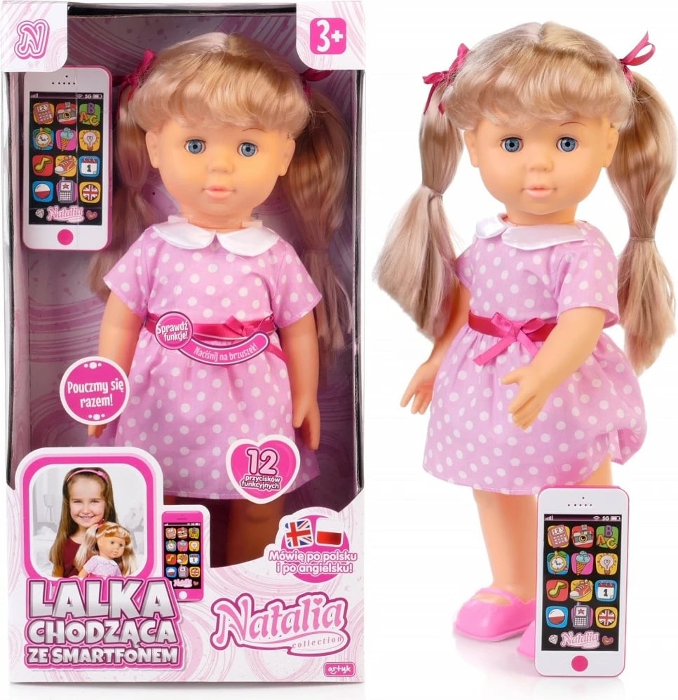 Kukull ecëse Artyk Natalia me smartphone lodër, 41cm, rozë