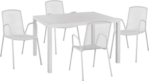 Set 5 pjesë me Sipërfaqe Tavoline alumini 120x80x75.5 & Karrige metalike me krahë FH10526 Bardhë