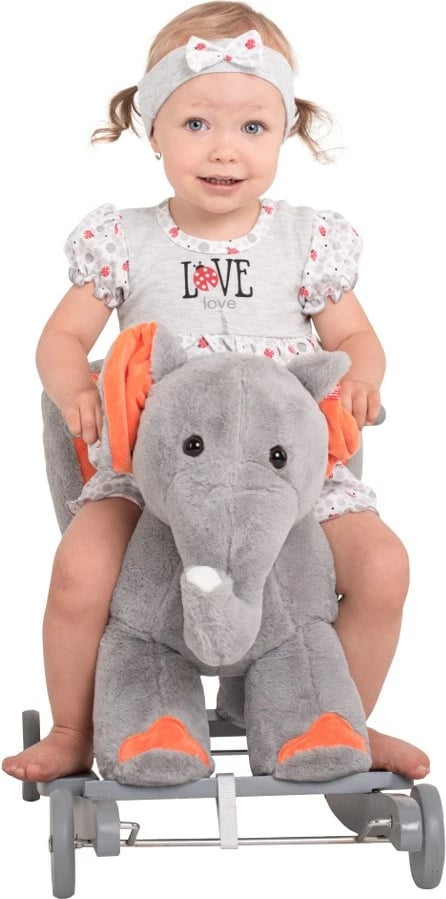 Lodër lëkundëse 2-në-1 me rrota dhe melodi, PLAYTO, Elephant, sedilje ergonomike, deri 30 kg, gri