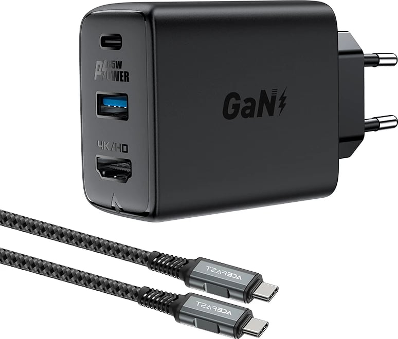 Karikues i shpejtë 2-në-1 Acefast A17, 65W, GaN, USB-C/USB-A, HDMI 4K, me kabllo, zi