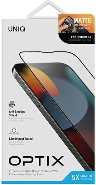 Mbrojtës ekrani UNIQ Optix Matte për iPhone 14 / 13 / 13 Pro, xham i temperuar, me komplet montimi