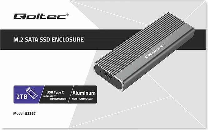 Kasë Qoltec 52267 për SSD M.2 SATA/NGFF, USB-C, 2TB, Gri