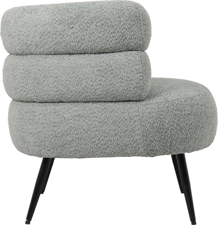 Fotelje me pëlhurë boucle ngjyrë jeshile e lehtë me këmbë metalike të zeza 76x75x72cm