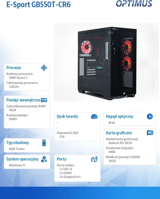 Kompjuter gaming OPTIMUS E-Sport GB550T-CR6, Ryzen 7 5800X, 16GB RAM, 1TB SSD, Radeon RX 9070 OC