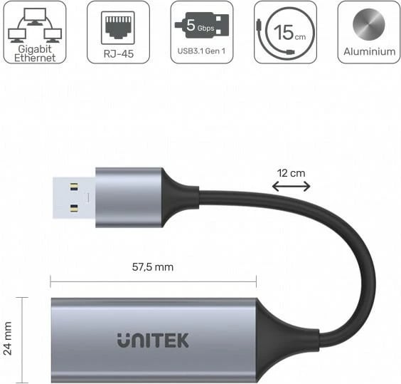 Adapter USB-A në RJ45 Unitek U1309A, 1000 Mbps, Gri