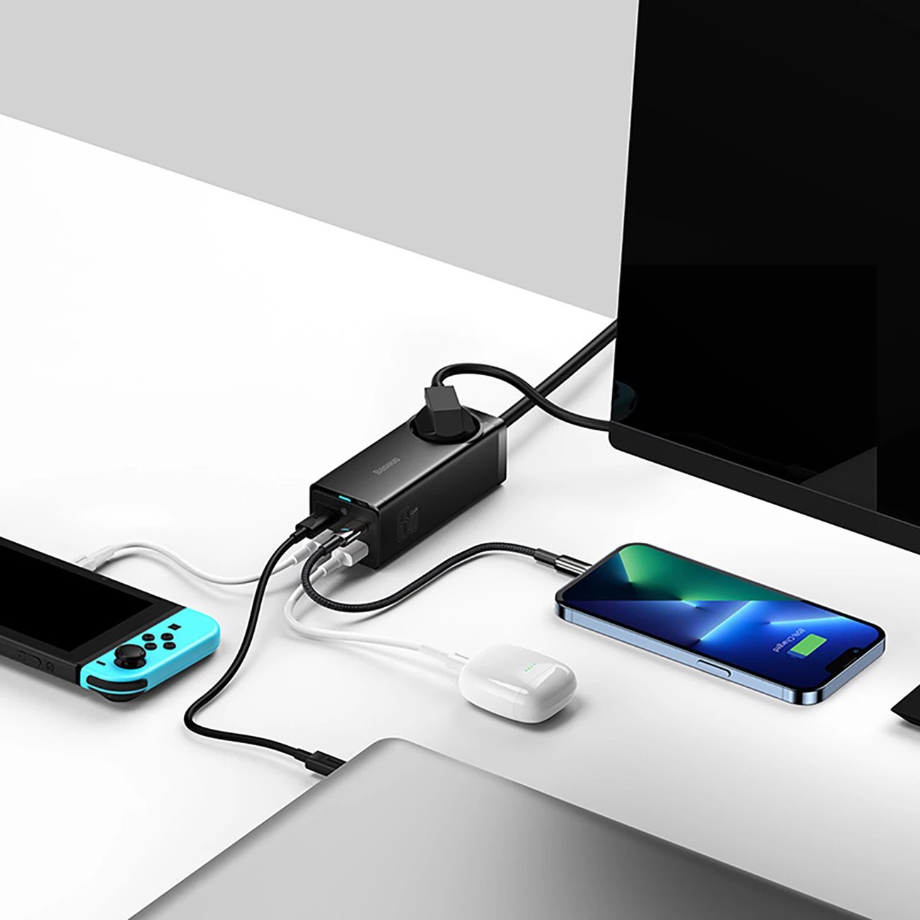 Stacion karikimi Baseus GaN3 Pro 65W EU me 2x USB-C, 2x USB-A dhe kabllo USB-C 100W 1m, Zi