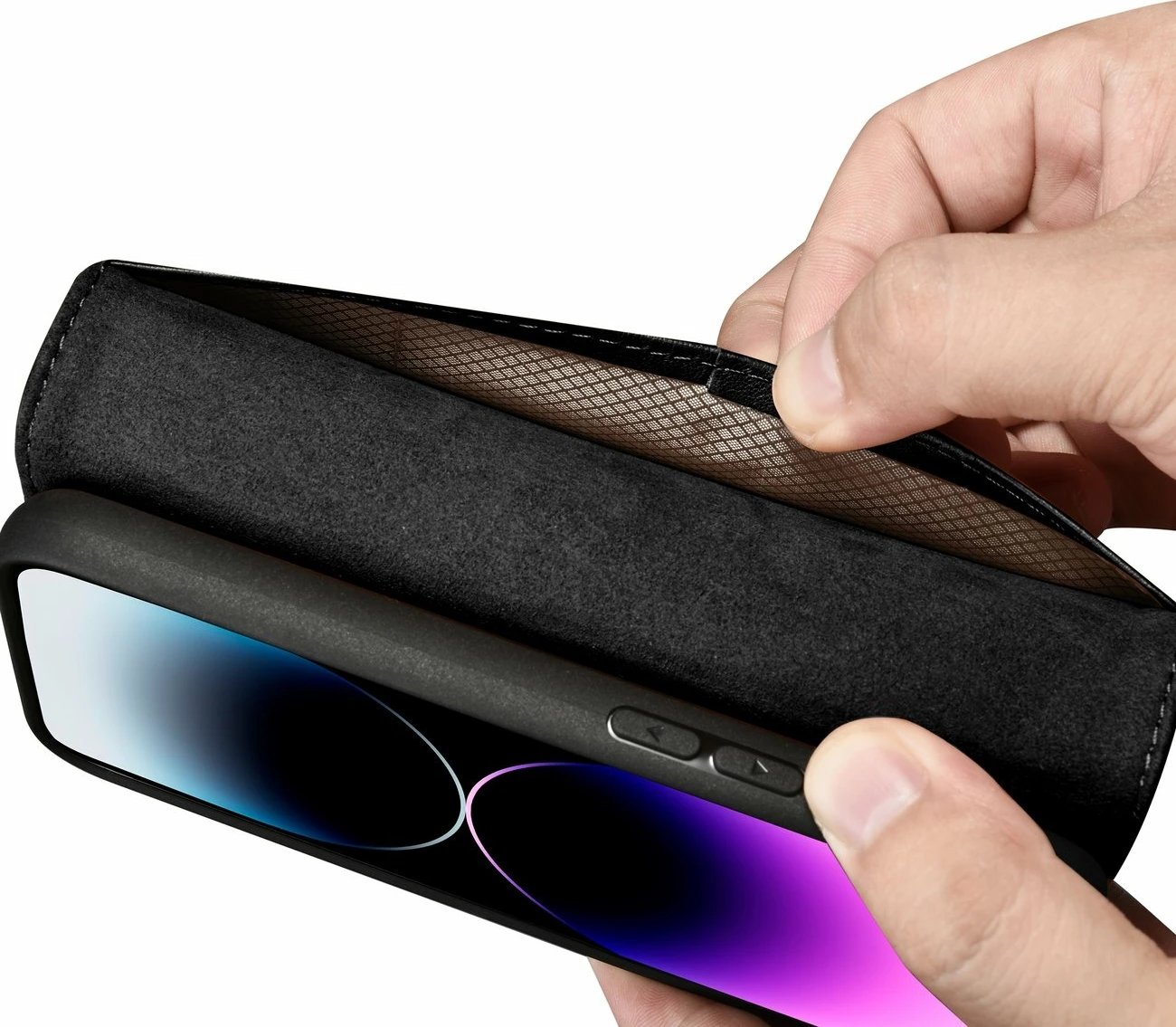 Mbështjellës iCarer Wallet Case 2in1 për iPhone 14 Pro, lëkurë natyrale, Anti-RFID, e zezë