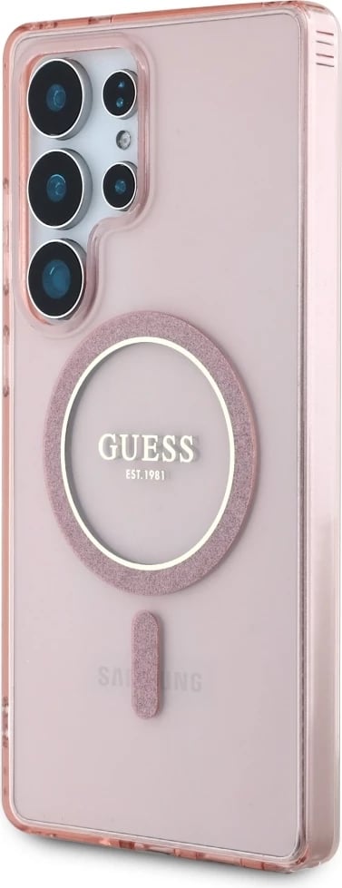 Mbështjellës, Guess, Glitter Circle Classic Logo MagSafe Case për Samsung Galaxy S25 Ultra, me MagSafe, rozë