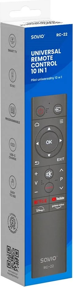 Telekomandë universale Savio RC-22, 20 butona, IR, USB Type-C, e zezë