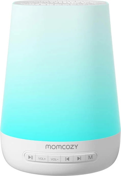 Aparat për zhurmë të bardhë, Momcozy, WN002-WH00BA-A, 34 tinguj, dritë LED 7 ngjyra, kontroll në aplikacion Wi‑Fi, timer, portë kufjesh 3.5 mm, e bardhë