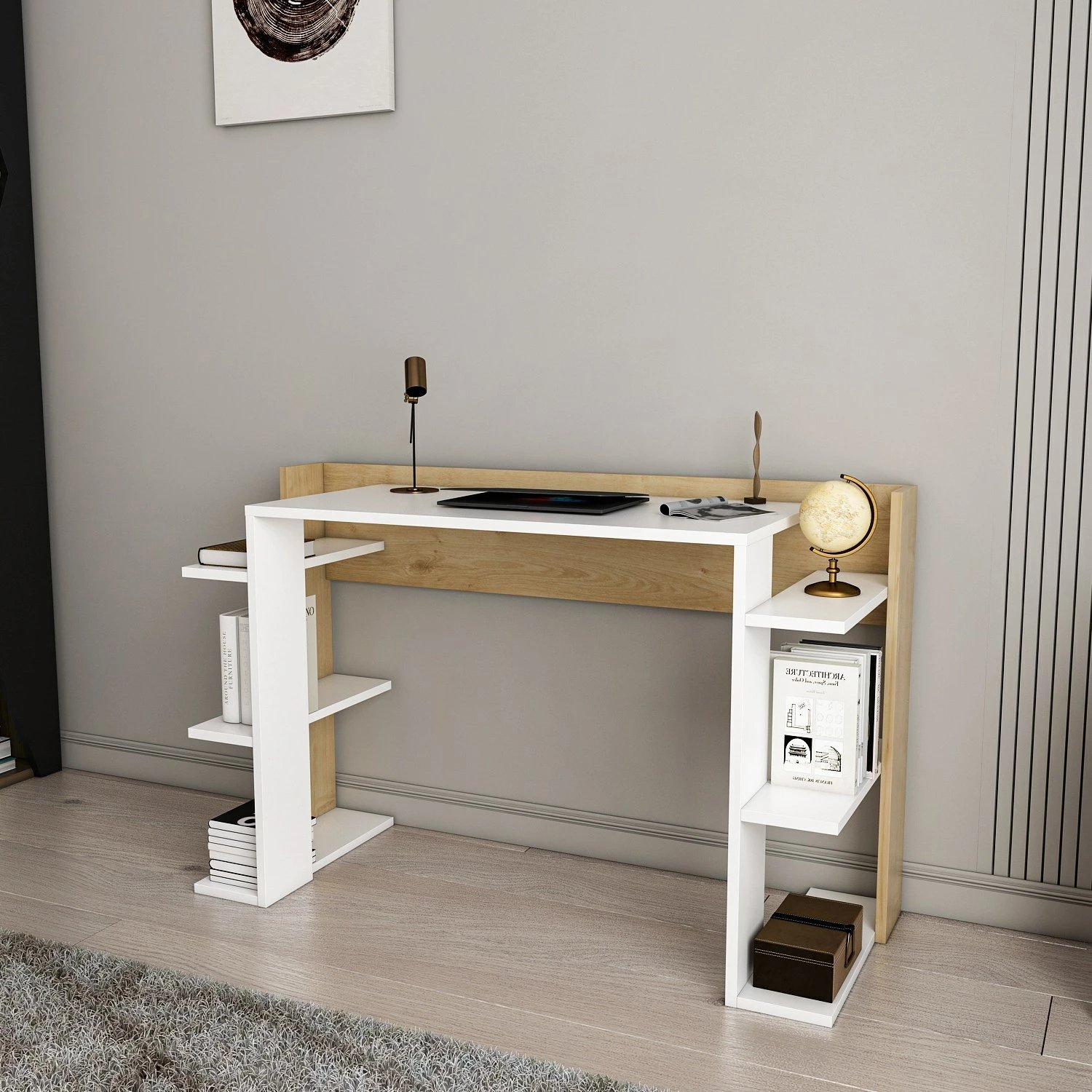 Tavolinë pune për studime, ngjyrë e bardhë dhe lis, Skye Decor