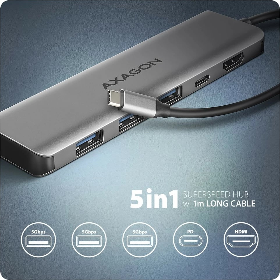 Hub USB-C AXAGON HMC-5H 5-në-1, 3x USB-A, HDMI 4K, Power Delivery 100W, 100cm, Gri