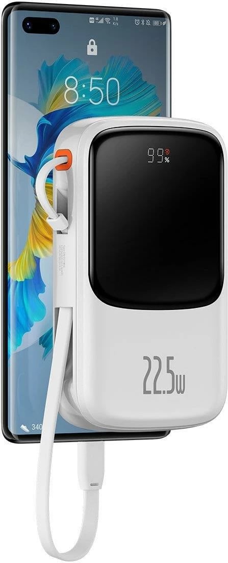 Powerbank Baseus Qpow Digital Display 10000mAh, 22.5W, me kabllo USB-C të integruar, Bardhë