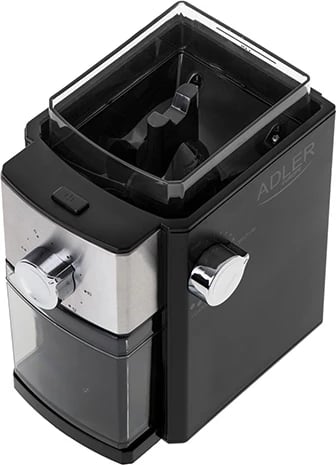 bluarëse kafe me rrota metalike, Adler AD 4448, hinkë 250g, depozitë 100g, rregullim i imtësisë dhe 2–12 porcione, 150W (300W max), e zezë/inox bluarëse kafe me rrota metalike, Adler AD 4448, hinkë 250g, depozitë 100g, rregullim i imtësisë dhe 2–12 porcione, 150W (300W max), e zezë/inox