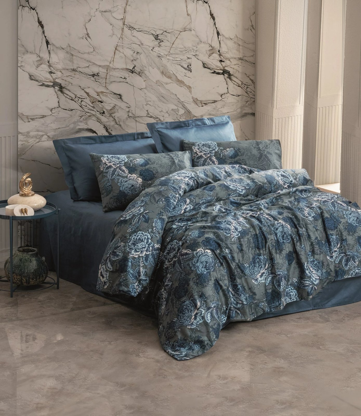 Set mbulesë për jorgan dopio, satin, L'essentiel, Liza, ngjyrë blu petrol