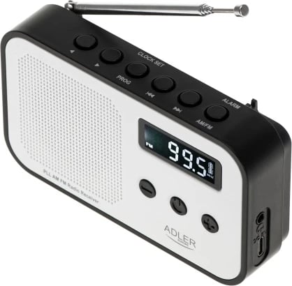 radio digjital PLL AM/FM, Adler, AD 1907, LCD, memorie 40 stacione, bateri 600 mAh, USB-C, e bardhë/zezë