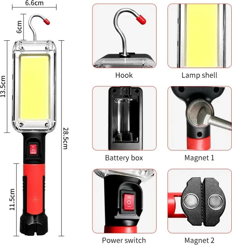 Llampë punë Maclean MCE307, LED COB, 700lm, me bateri të rikarikueshme, zi/kuqe