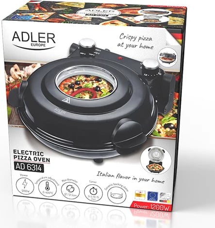 Furrë elektrike për pizza, Adler AD 6314, 1200W, gur qeramik, diametër pizza 12" (31.5 cm), timer 5–15 min, 5 nivele temperature, e zezë mat