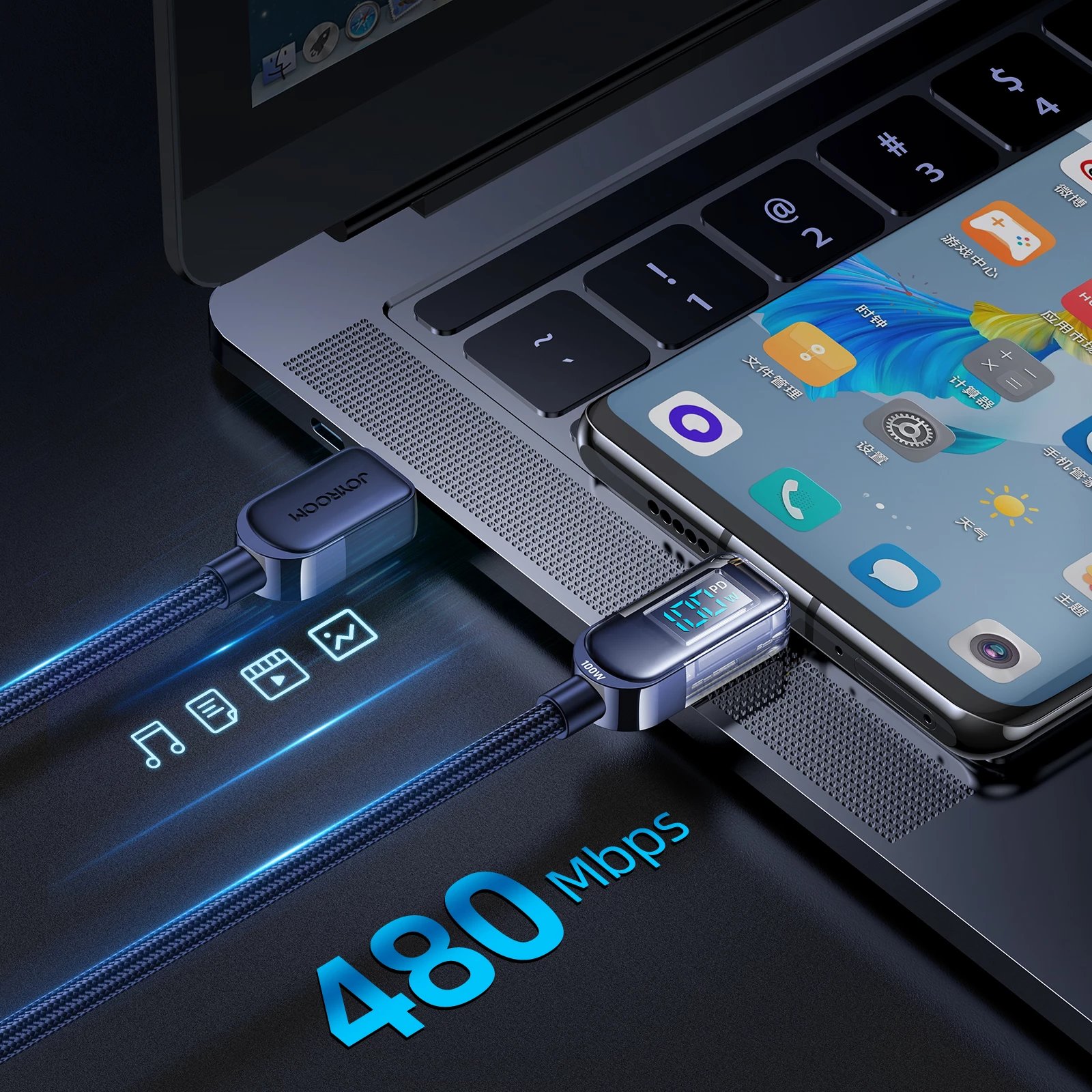 Kabllo USB-C në USB-C Joyroom A4 S-CC100A4 me ekran, 1.2m, 100W, Blu