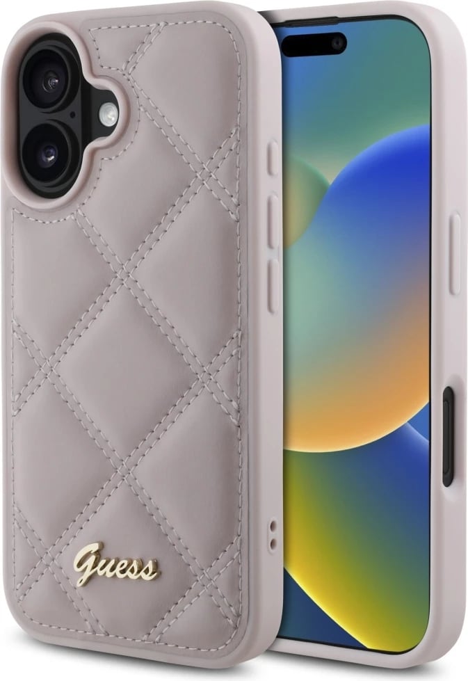 Mbështjellës Guess Quilted Metal Logo për iPhone 16, Rozë Mbështjellës Guess Quilted Metal Logo për iPhone 16, Rozë