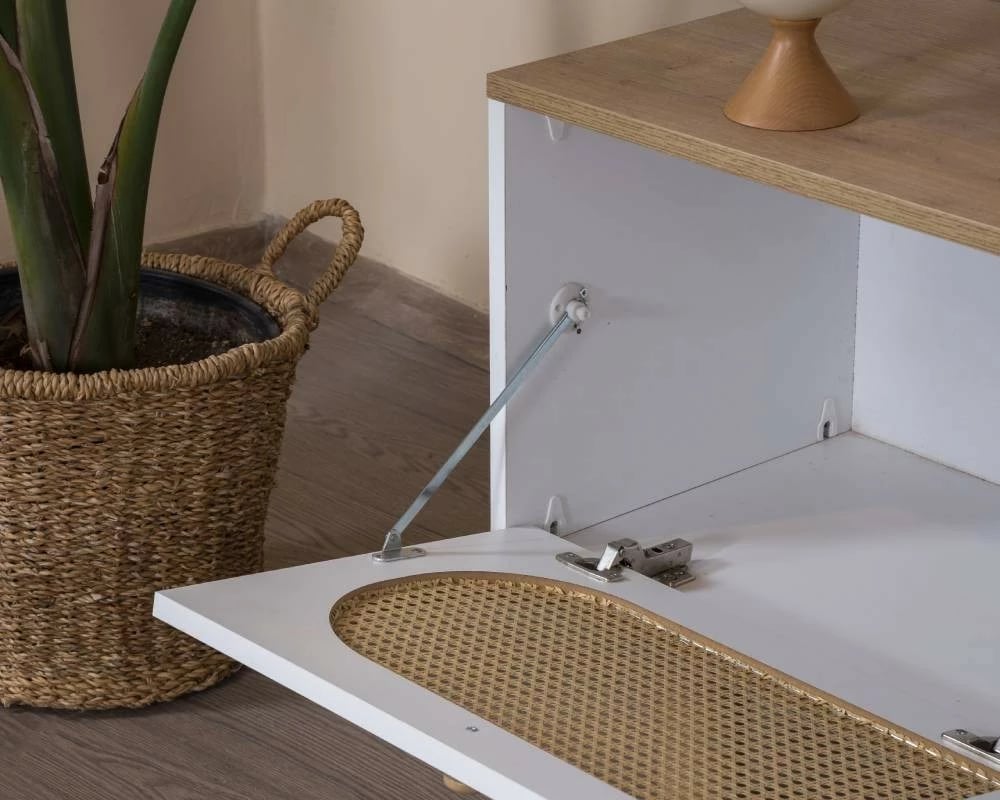 Komodë TV Skye Decor, stil bohem, e bardhë dhe lis