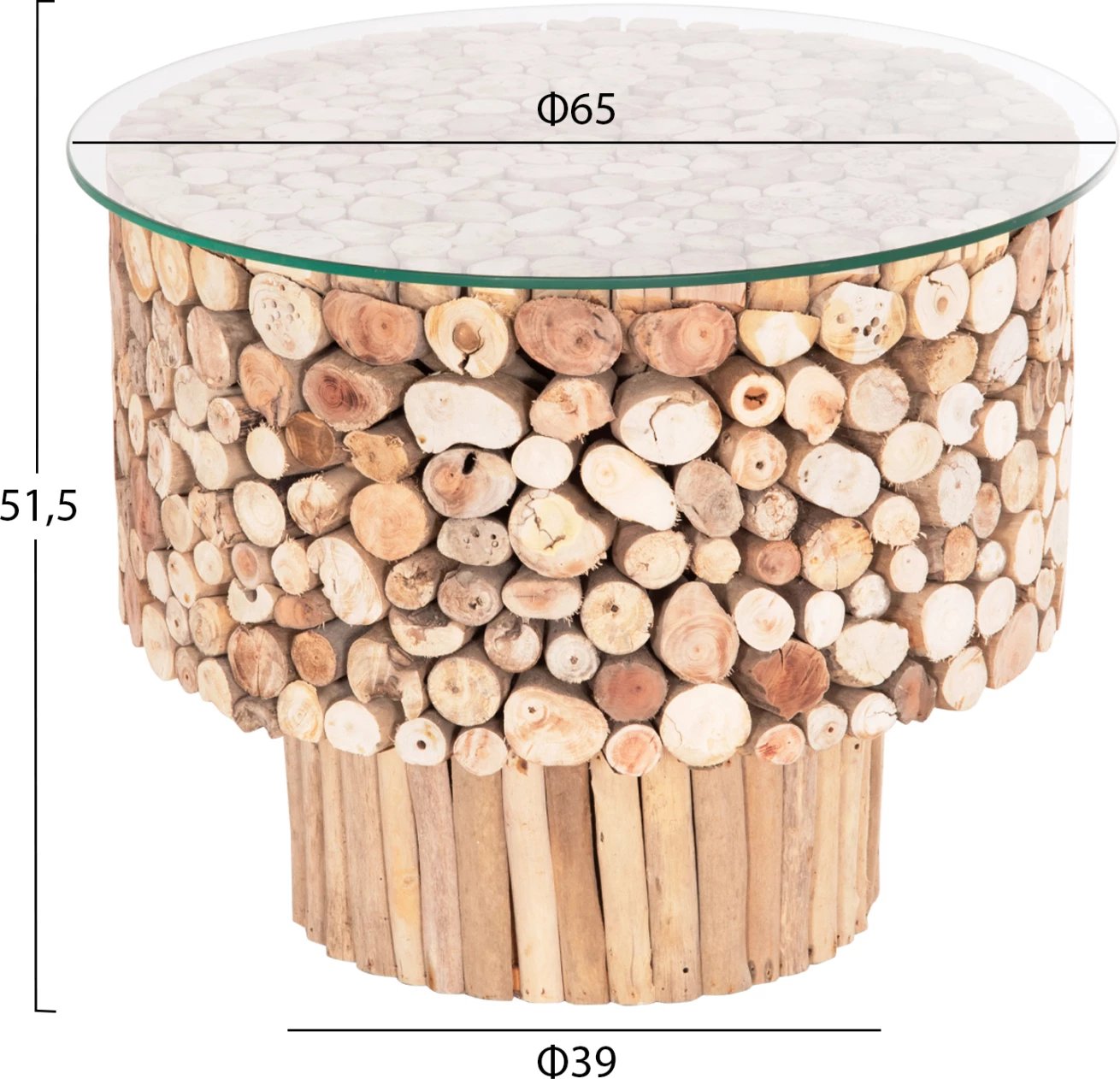 Tavolinë kafeje rrethore SPARROW, dru i larë nga deti, xham, Φ65x51.5cm