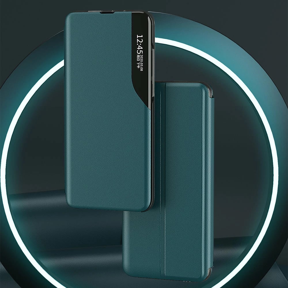 Mbështjellës Hurtel Eco Leather View Case për Samsung Galaxy A22 4G, me kapak dhe mbajtës, e zezë