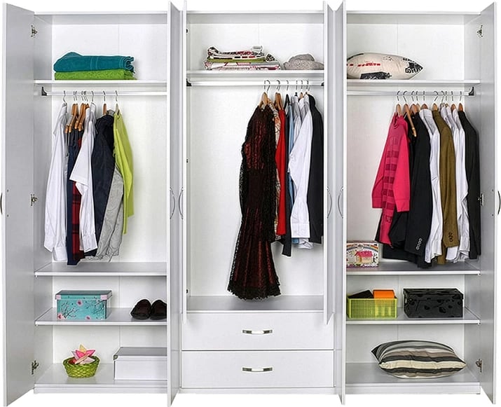 Dollap Dormie me gjashtë dyer, sirtarë, ngjyrë e bardhë, 206x52x213cm