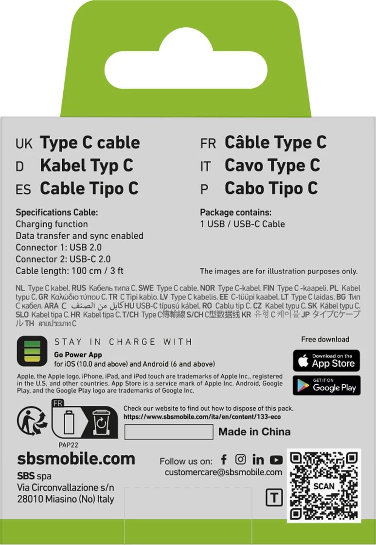 Kabllo USB-A në USB-C SBS TECABLETYC1KPOS, 1 m, e zezë Kabllo USB-A në USB-C SBS TECABLETYC1KPOS, 1 m, e zezë