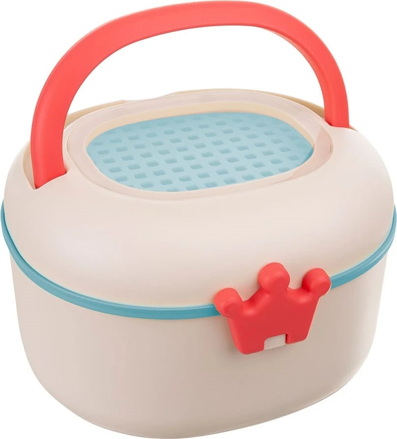 Kuti ruajtëse për lodra gringëlluese dhe kafshues, AKUKU, me dorezë, kapëse në formë kurore, grilë tharëse/sitë, dritare transparente, 20x18x13 cm, e bardhë