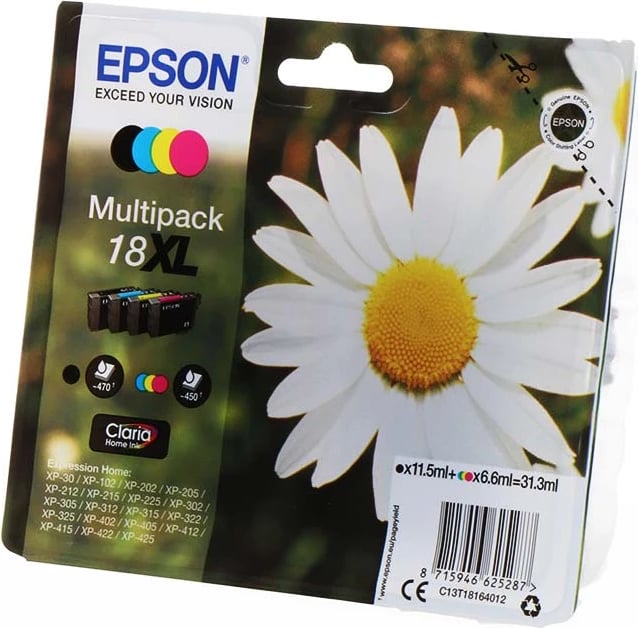 Bojë printeri, Epson, 18XL C13T18164012, 33 ml rendiment 1820 faqe, e zezë/cian/magenta/e verdhë, set multipack XL