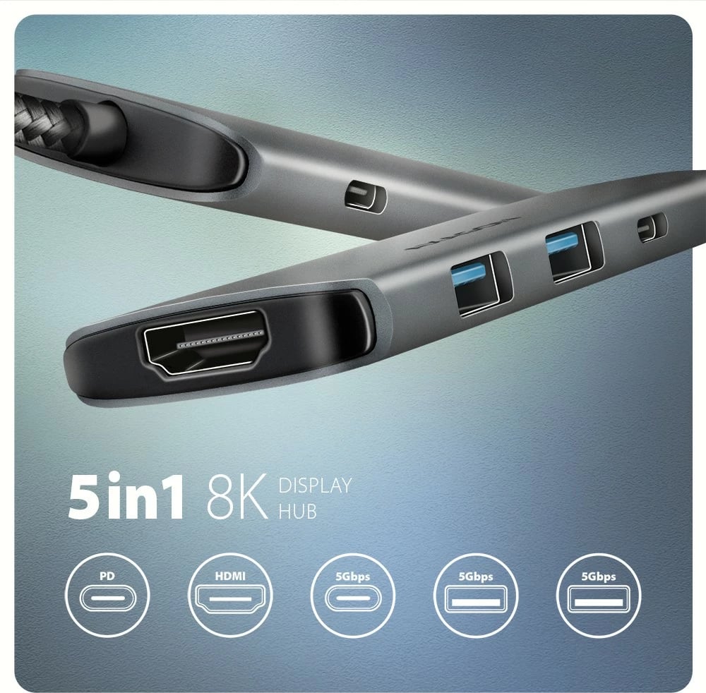Kasë portesh AXAGON HMC-5H8K, 5in1, 5Gbps, 2x USB-A, 1x USB-C, HDMI 8K/30Hz, PD 100W, Gri