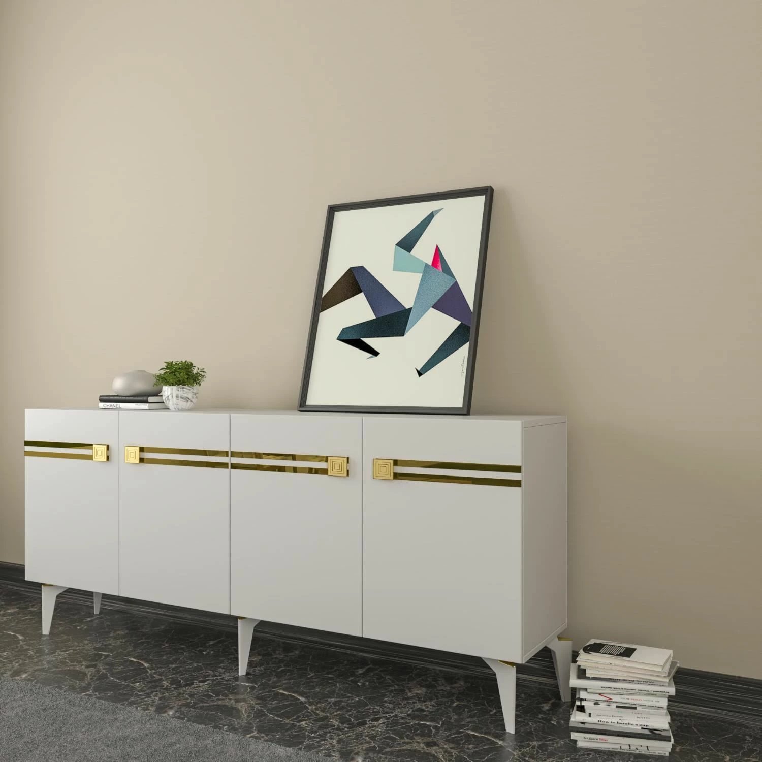 Konsol Skye Decor, Hayat KB150, e bardhë dhe ari