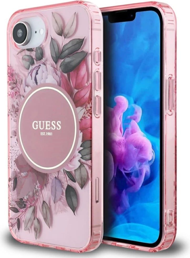 Mbështjellës Guess IML Flowers MagSafe për iPhone 16e, Rozë Mbështjellës Guess IML Flowers MagSafe për iPhone 16e, Rozë
