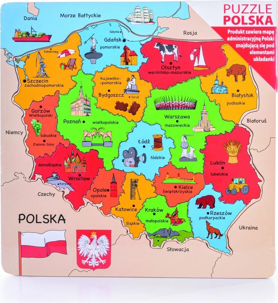 Puzzle druri Daffi D-100, Harta e Polonisë, 16 pjesë, shumëngjyrëshe