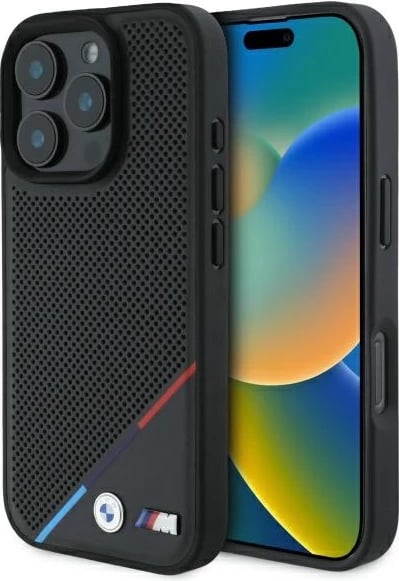 Mbështjellës BMW M Perforated Tricolor Line MagSafe për iPhone 16 Pro Max, i zi