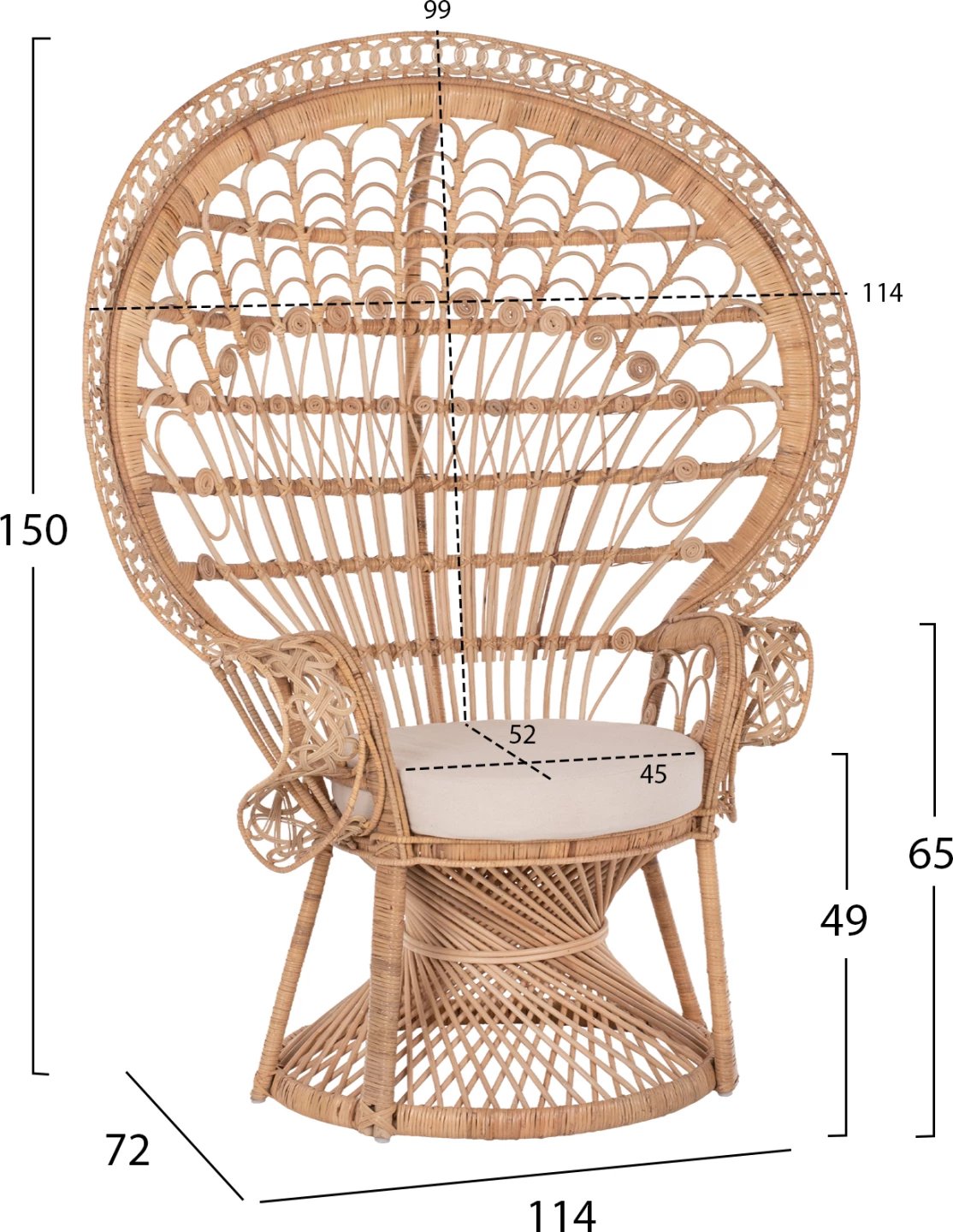 Karrige mbretërore pallua FH9342 rattan natyral - jastëk bezhë 114x72x150Hcm
