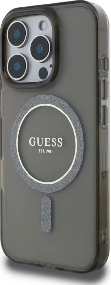 Mbështjellës Guess IML Glitter Circle MagSafe për iPhone 16 Pro Max, i zi