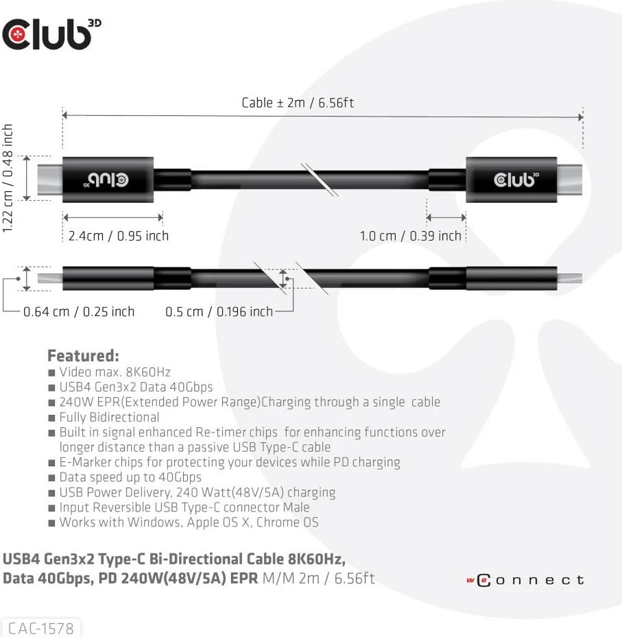 Kabllo USB Type-C Club3D 2m, PD 240W, 40Gbps, e zezë
