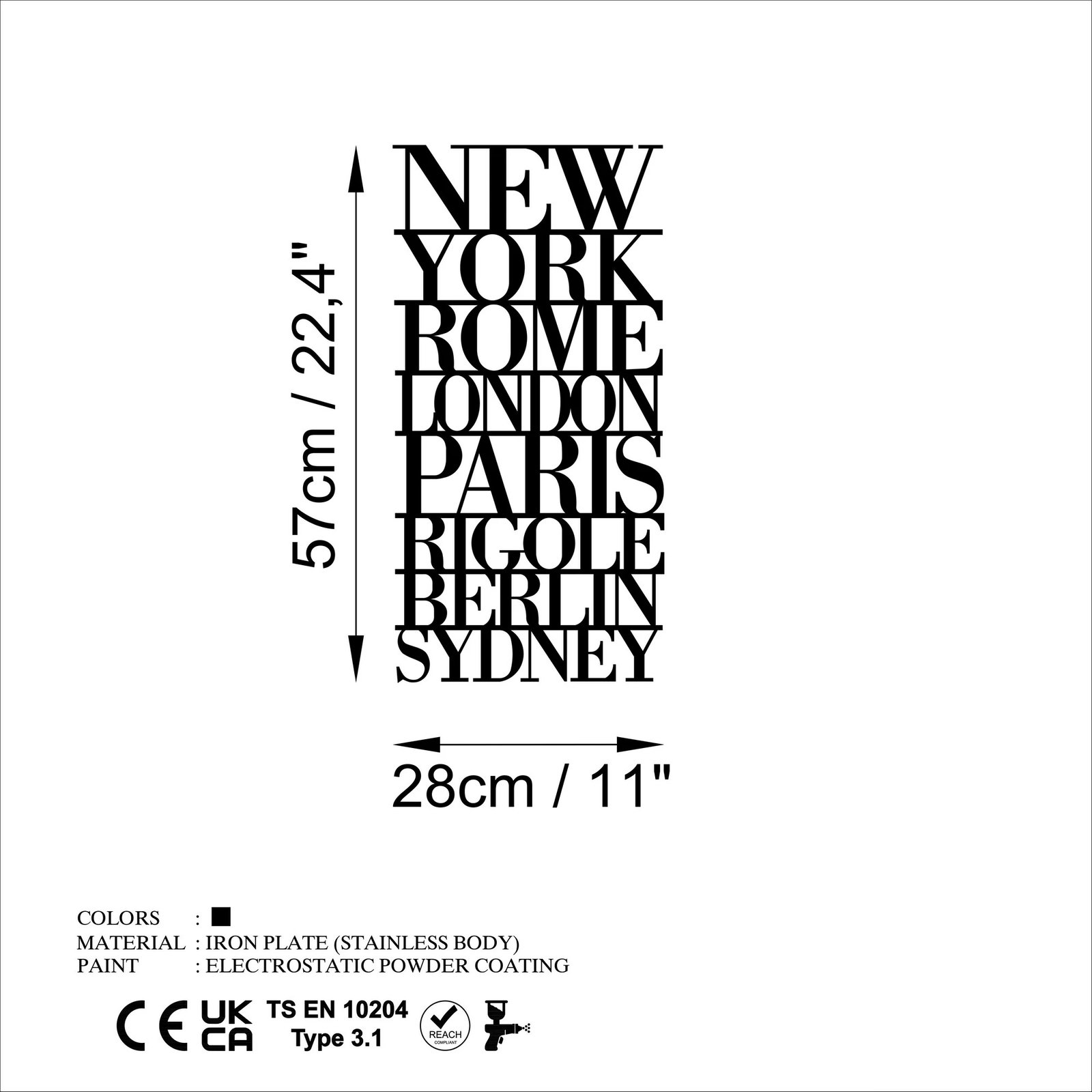 Aksesor dekorativ metalik për mur, Wallity, emrat e kryeqyteteve, ngjyrë e zezë, 57x28cm