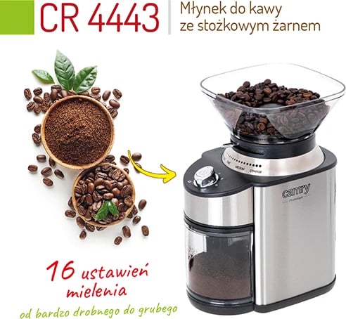 Mulli kafeje me burr konik, Camry CR 4443, 200 W, 16 nivele bluarjeje, kontejner 230 g, çelik inox, argjend/zi Mulli kafeje me burr konik, Camry CR 4443, 200 W, 16 nivele bluarjeje, kontejner 230 g, çelik inox, argjend/zi