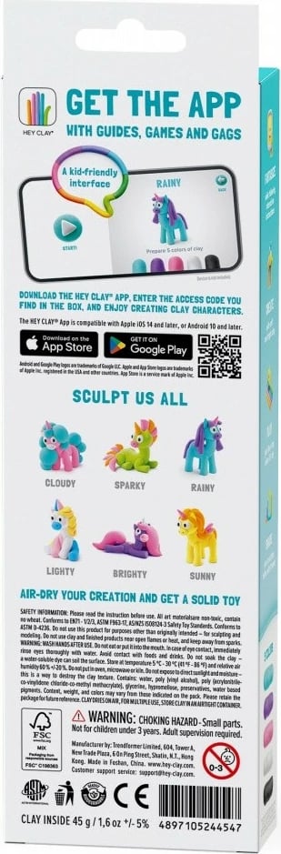 Masë modelimi Hey Clay Unicorns Rainy, 3 copë, 5 ngjyra