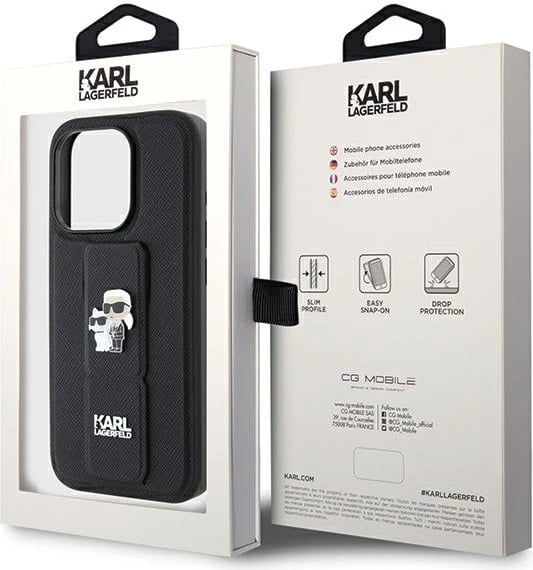 Mbështjellës Karl Lagerfeld Gripstand Saffiano Karl&Choupette Pins për iPhone 13 Pro/13, i zi