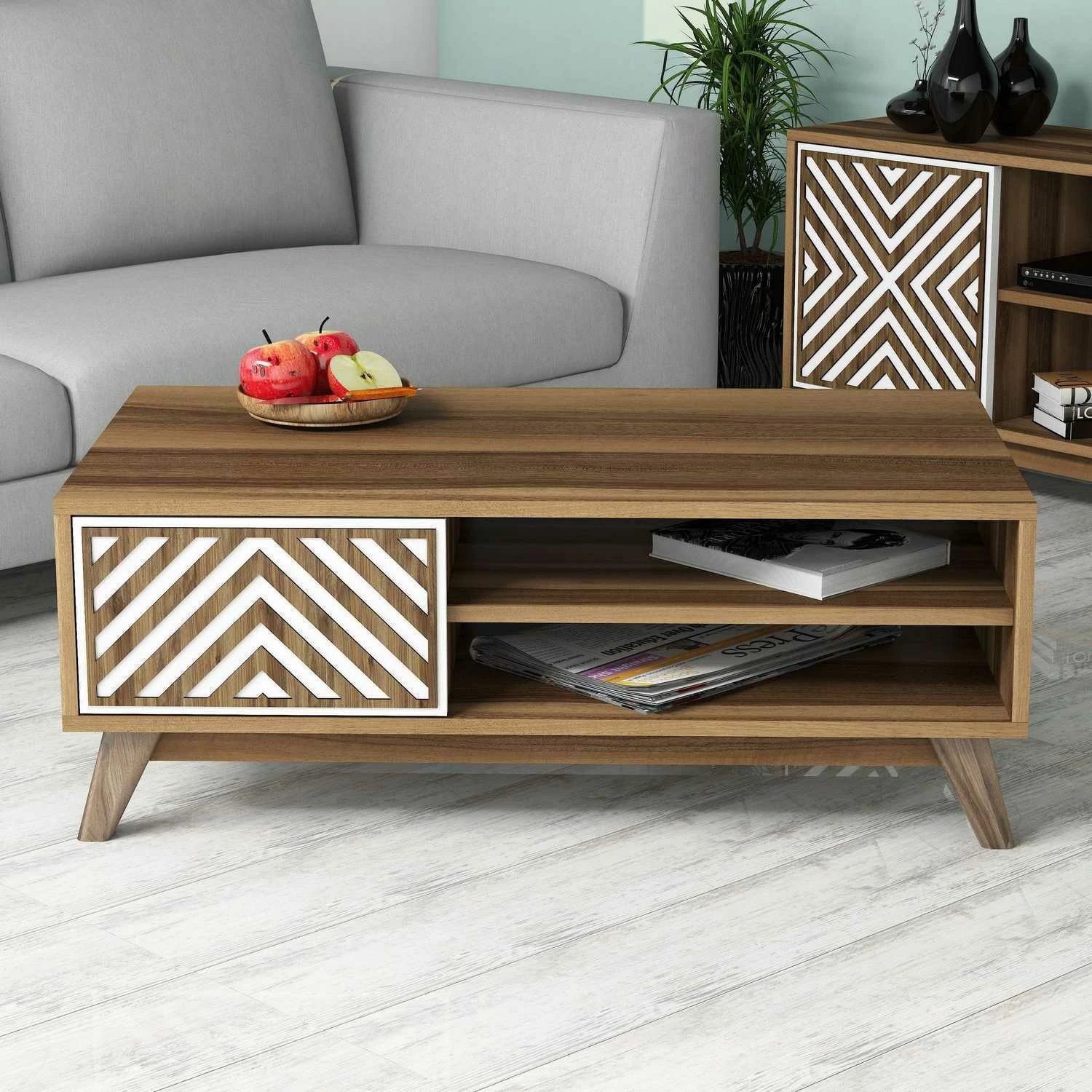 Tavolinë kafeje Skye Decor, ngjyrë arre dhe e bardhë, Inci