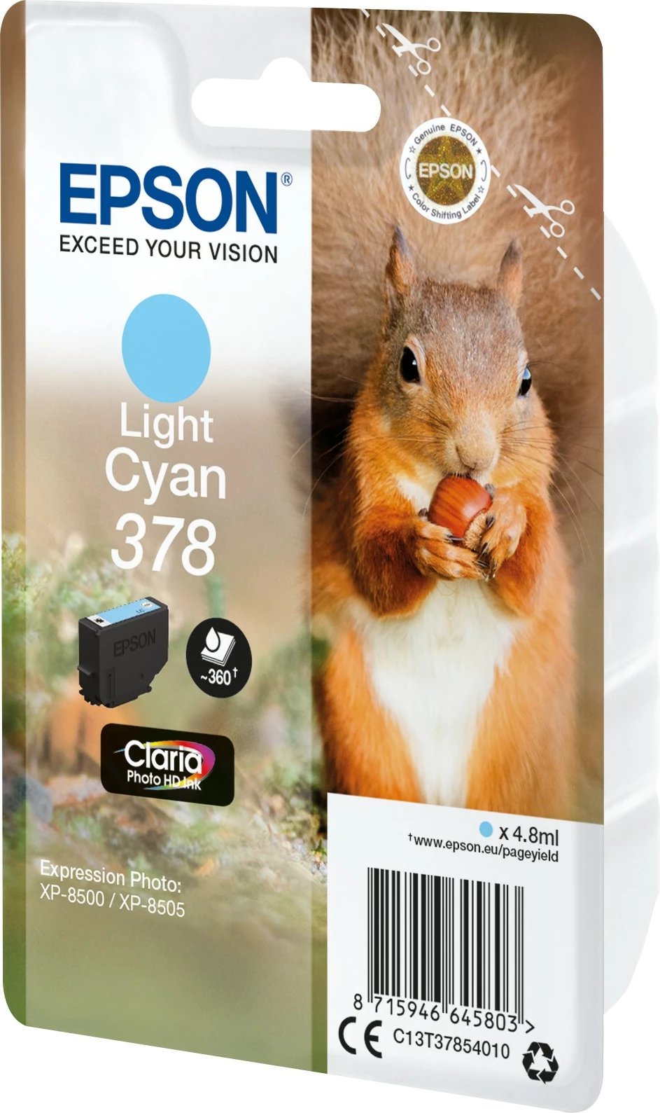 Bojë Epson Squirrel Singlepack Light Cyan 378 Claria Photo HD, Kapacitet standard, 4.8 ml