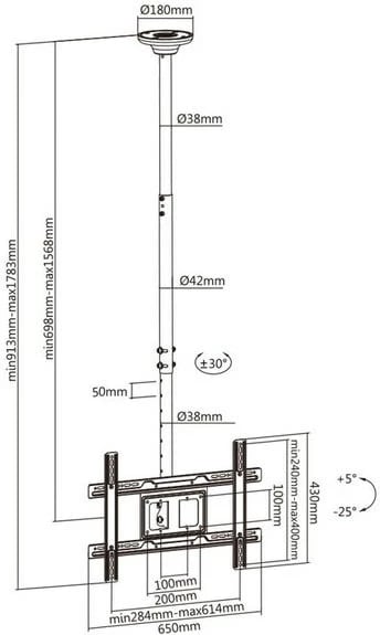 Mbajtëse universale për monitor LED LCD me ekran OLED QLED për montim në tavan 23-100" max. 50 kg Max VESA 600x400