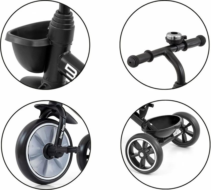 tricikletë fëmijësh, Milly Mally Bobby, kornizë çeliku, rrota EVA, pedale të heqshme, dy shporta, e zezë