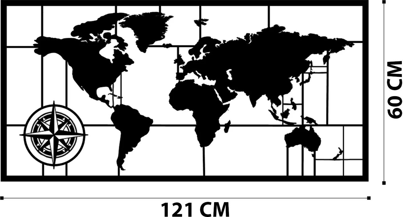 Aksesori dekorativ metalik për mur, hartë bote, Wallity, 121x60cm, e zezë