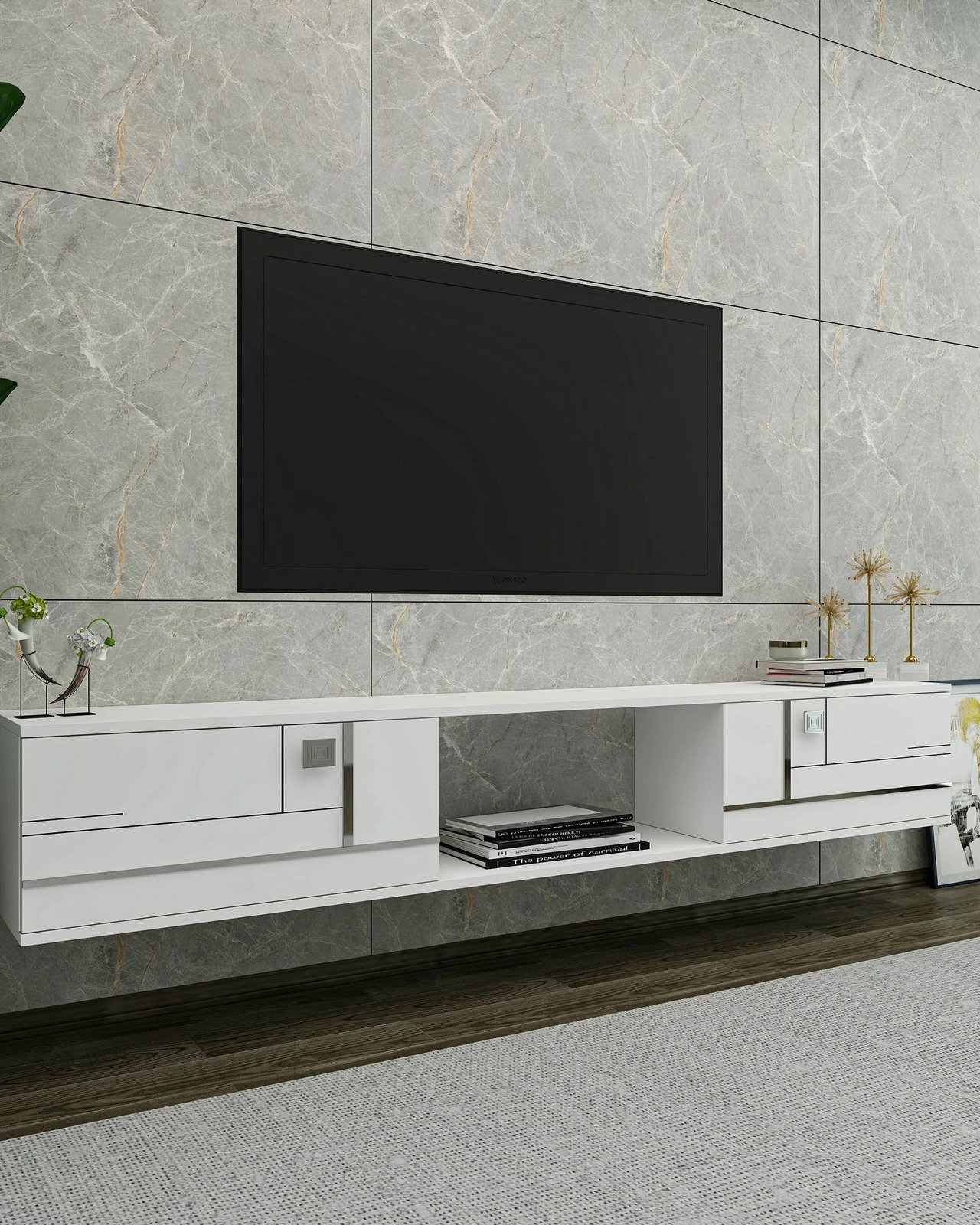 Komodë TV Skye Decor, e bardhë, argjend